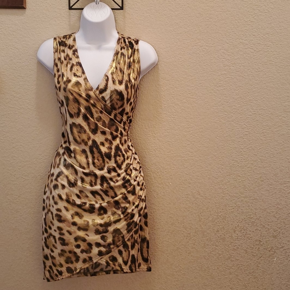 Metallic Gold Leopard Print Wrap Dress - L - Y2K Mob Wife Clubwear Glam